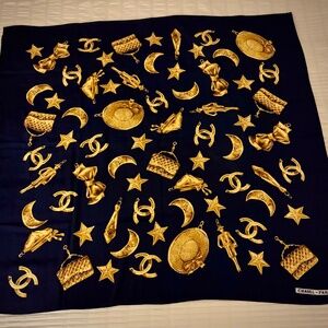 CHANEL—Vintage Navy Blue & Gold Silk Scarf